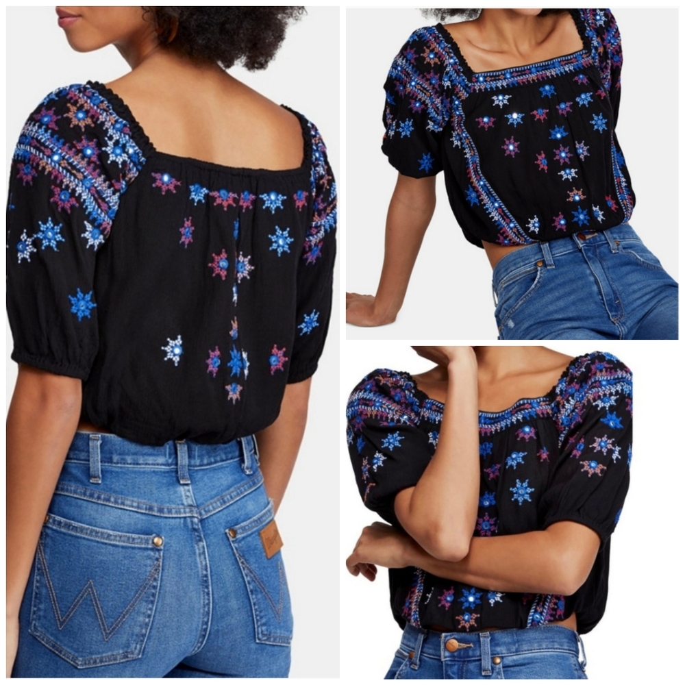 NWT Free People Aurura Embroidered Square-Neck Top